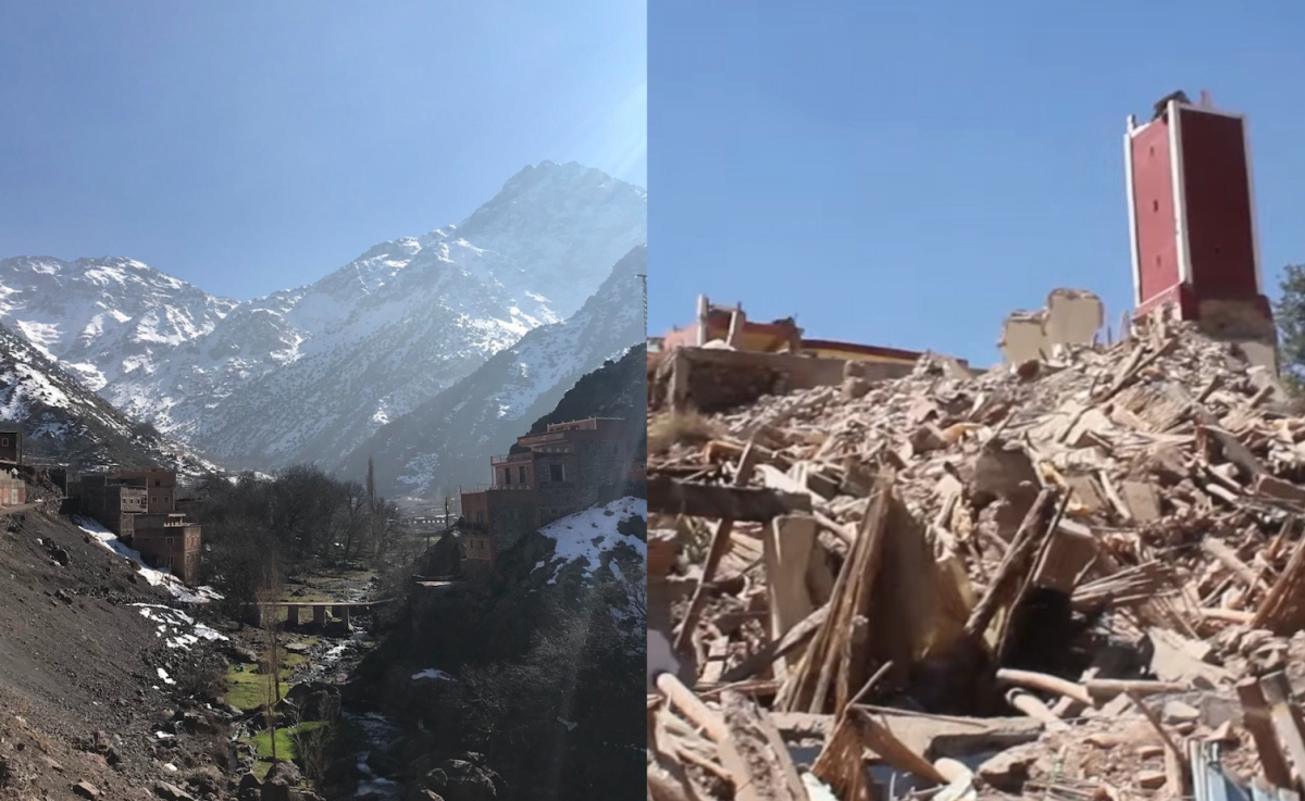 Al Haouz (left), one of the provinces affected, before the earthquake hit. 

Douar Agadir Jamaa (right), which is in the Taroudant Province, covered in rubble from the damage of the earthquake. 







Left: (Courtesy of Charlotte Kaye)
Right: (alyaoum24/Wikimedia Commons)
